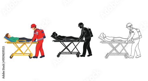 A vector illustration showing a first responder paramedic pushing an injured patient on a medical stretcher graphic design