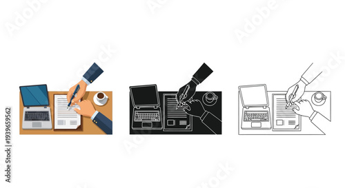 Business partners collaborating over documents signing important contracts at office desk vector illustration