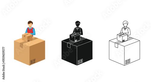 Vector graphic illustration set showing a warehouse worker preparing packages for shipping logistics