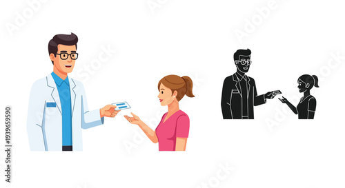 Doctor provides patient with important health insurance card information using professional flat illustration style