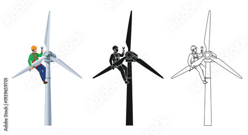 Wind turbine technician performing maintenance work on a massive rotating clean energy generator