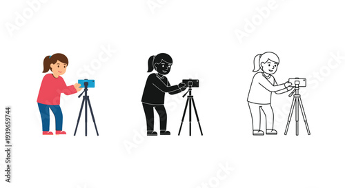 Young girl filming content with a smartphone on a tripod for social media or vlogging vector illustration.