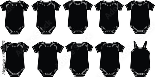 Baby onesie silhouettes illustration, infant clothing design artwork, romper style variation, children apparel vector drawing, fashion comparison concept