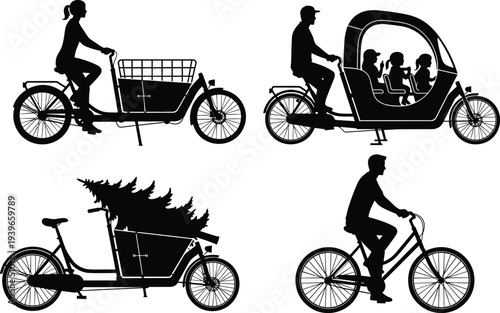 Bicycle tricycle silhouettes illustration, cargo transport bike artwork, family pedicab design, urban cycling concept, decorative vector drawing, lifestyle transportation