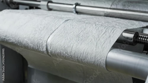Detailed view of crepe exam table paper as it undergoes slitting and perforating emphasizing the wrinkled texture ideal for cushioning and comfort in clinics.