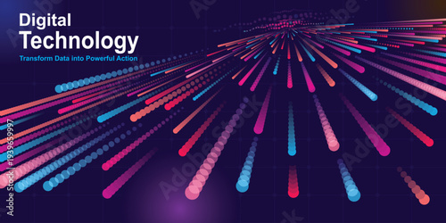 Vector illustration of vibrant digital technology background with colorful neon light streaks on dark blue