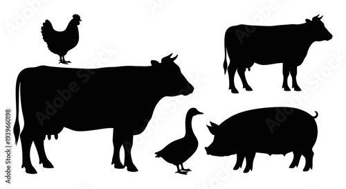 Farm Animals Silhouettes Set: Cow, Chicken, Pig, and Goose. Livestock Collection for Agriculture