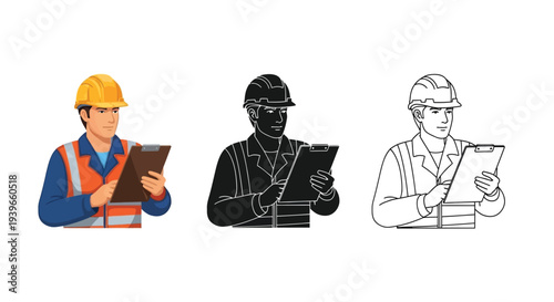 Professional construction worker vector illustration wearing a hard hat, safety vest, and holding a clipboard.