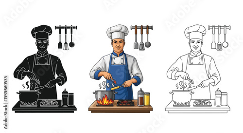 Chef cooking delicious food over an open flame in three different vector illustration styles