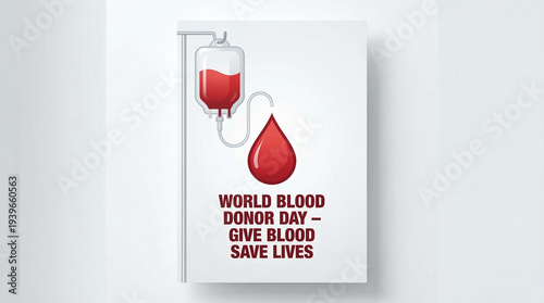 A book or card features an illustration of a blood bag and drop, promoting 