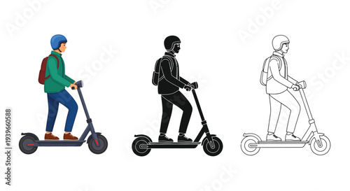 Vector graphic illustration of an individual riding an electric scooter presented in various design styles.