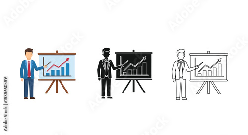 Professional businessman vector illustration giving a presentation about upward financial trends and business growth