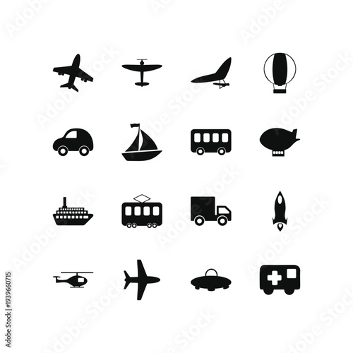 Transportation Icons: An assortment of transportation icons, neatly arranged, representing different modes of transport for various journeys and purposes.