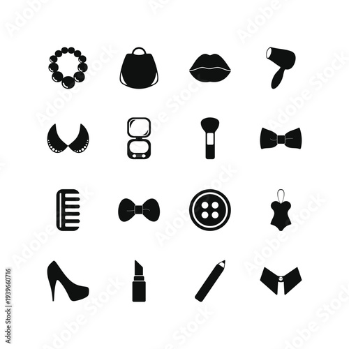 Beauty Essentials: An elegant collection of essential beauty items, arranged as icons. Every element of beauty and style is present, waiting to add elegance and flair to your creation.