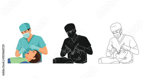 Set of vector graphic illustrations depicting a dentist examining a patient's teeth in multiple styles