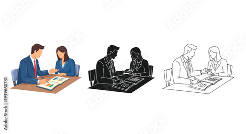 Business professionals engage in a productive vector meeting, discussing important documents and strategic planning.