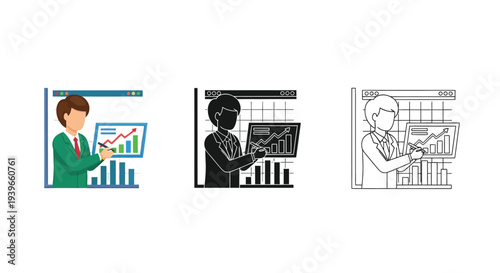 Vector illustration of a dedicated business professional presenting crucial financial growth data on a visual display.