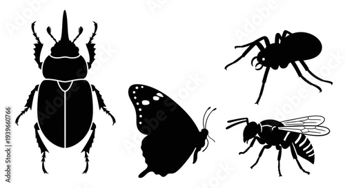 Insect Silhouettes Collection: Beetle, Butterfly, Spider, and Wasp Icons