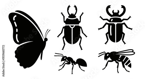 Insect Silhouettes Collection: Butterfly, Beetles, Ant, and Bee Vector Icons