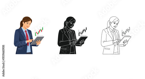 Professional woman vector graphic analyzing financial market trends on her digital tablet.