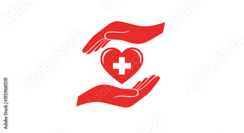 Red hands holding a heart with a medical cross symbol.