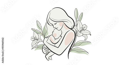 Mother tenderly embracing her newborn baby surrounded by leaves.
