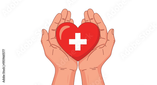 Hands holding a red heart with a white medical cross symbolizing healthcare and charity.