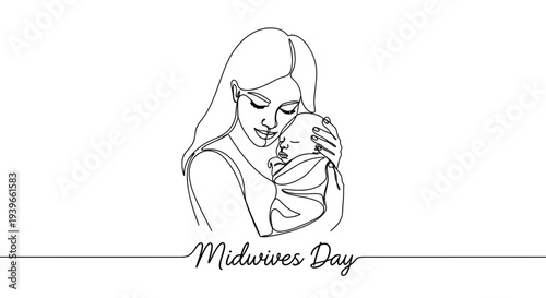 Continuous line drawing of a mother holding her newborn baby on Midwives Day.