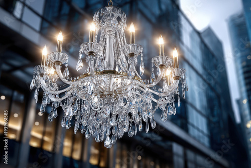 Elegant crystal chandelier against blurred city backdrop
