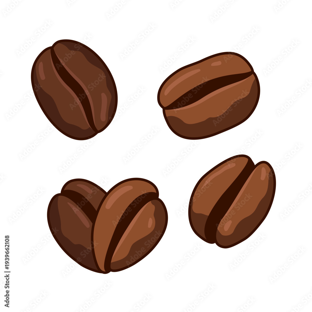 Fototapeta premium Coffee beans, heart shaped beans, set of vector cartoon style illustrations