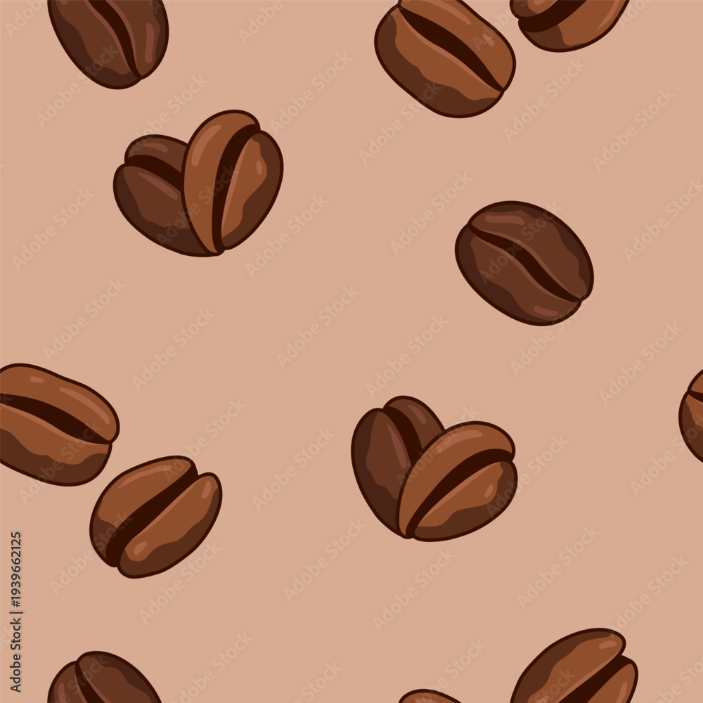 Obraz premium Coffee beans, heart shaped beans seamless pattern, background