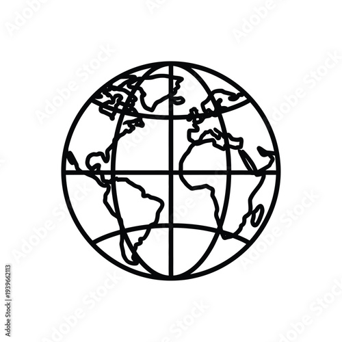 Black line globe vector illustration on white background, flat design
