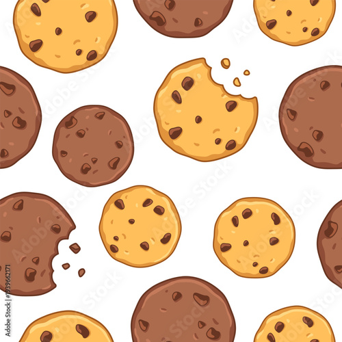 Cookies, biscuits, bitten off chocolate cookies pattern, seamless background. Cartoon drawing