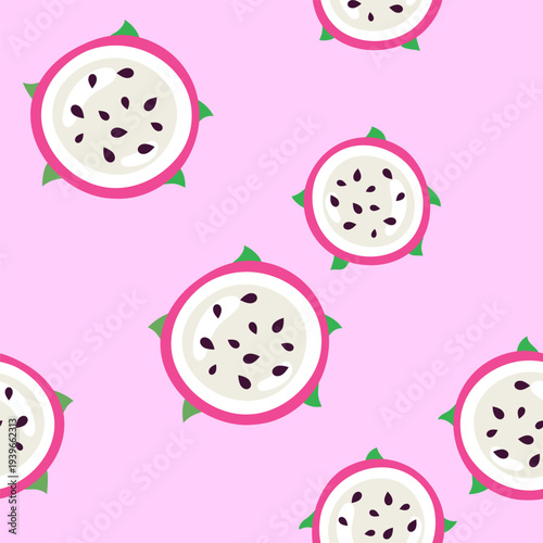 Dragon fruit halves, slices seamless pattern, background
