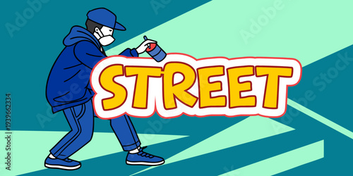 Urban street graffiti typography with spray artist painting wall. Modern street art vector illustration featuring city culture, graffiti style lettering, and urban lifestyle concept.