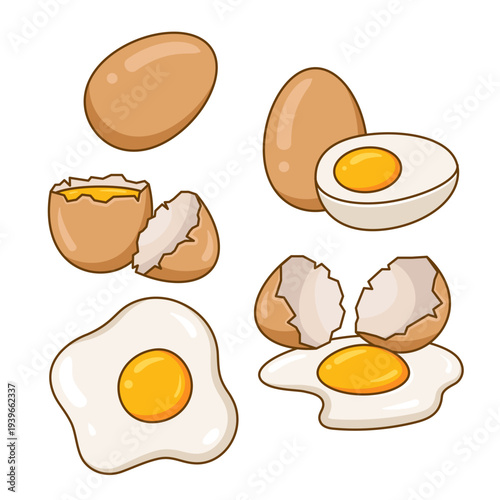 Eggs, fried, boiled, raw eggs illistrations, set of cartoon style simple drawings