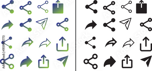 share upload arrow icon set vector illustration, send export interface gradient and black outline symbols