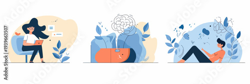 Mental health self development concepts with woman working on laptop, person meditating with abstract brain, and relaxed individual lying outdoors in flat minimalist vector style