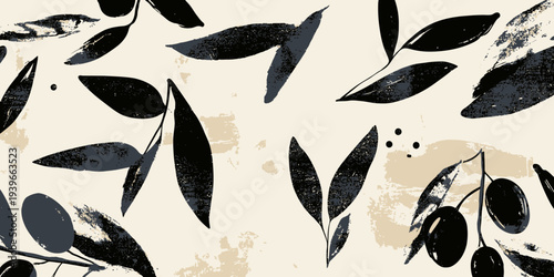 Black ink brush stroke olive branches with leaves and olives minimalistic hand drawn botanical vector illustration on light background for design
