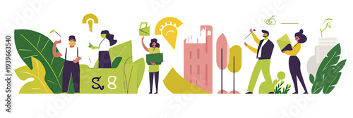 Sustainable business collaboration environmental social governance concept with diverse people eco friendly teamwork flat vector illustration