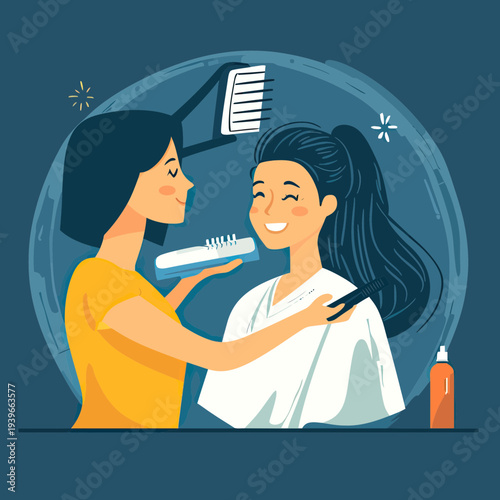 Hair stylist combing smiling woman with long ponytail during salon hair styling session in flat minimalist vector style illustration