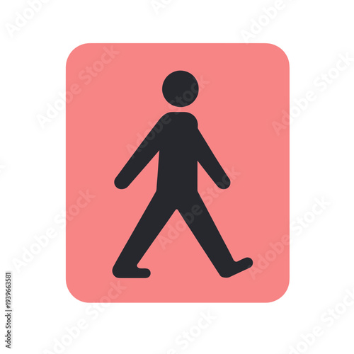 Minimalist walking pedestrian icon in black silhouette on rounded pink square background for user interface and signage design vector illustration