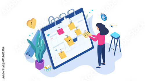 Woman organizing schedule with sticky notes on large desk calendar, planning tasks and time management concept vector illustration