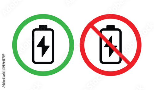 Battery Charging and No Charging Icons – Allowed Charging and Prohibited Battery Charge Symbols for Power Status Indicators and Device Energy Signs