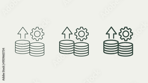 Stacks of Coins with Gears and Arrows Upward, Symbolizing Financial Growth and Productivity