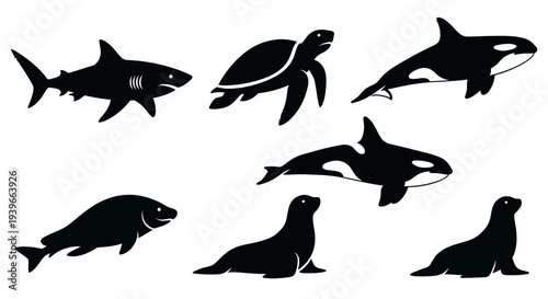 Ocean Wildlife Silhouettes Vector Set: Shark, Orca, Turtle, Seal, Fish