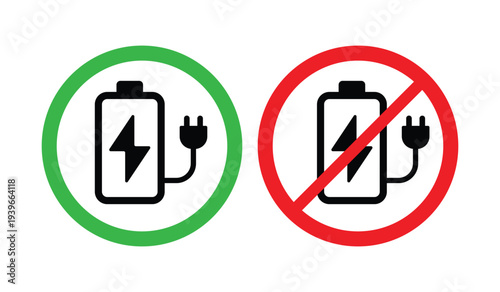 Battery Charging Allowed and No Charging Icons with Plug – Charging Permission and Prohibited Charging Symbols for Electrical Safety, Power Supply Indicators and Battery Status UI