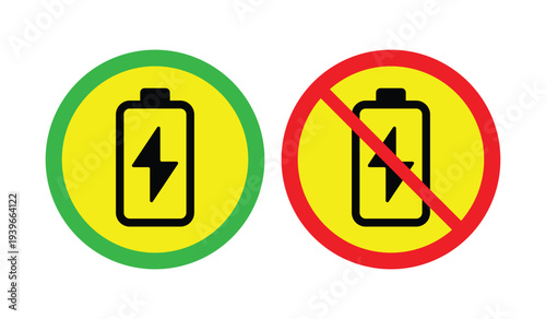 Battery Charging Allowed and Prohibited Icons – Charging Permission and No Charging Symbols for Power Status Indicators and Electrical Safety Signs