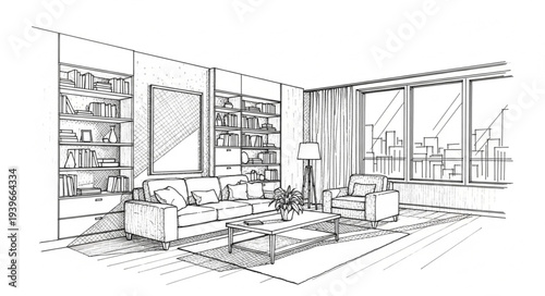 Modern Living Room Interior with Large Windows and Comfortable Seating.