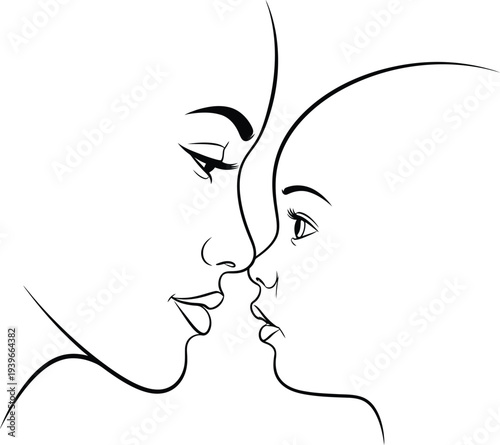 Minimalist line art close up of mother and child faces touching noses with eyes closed in affectionate kiss against transparent background